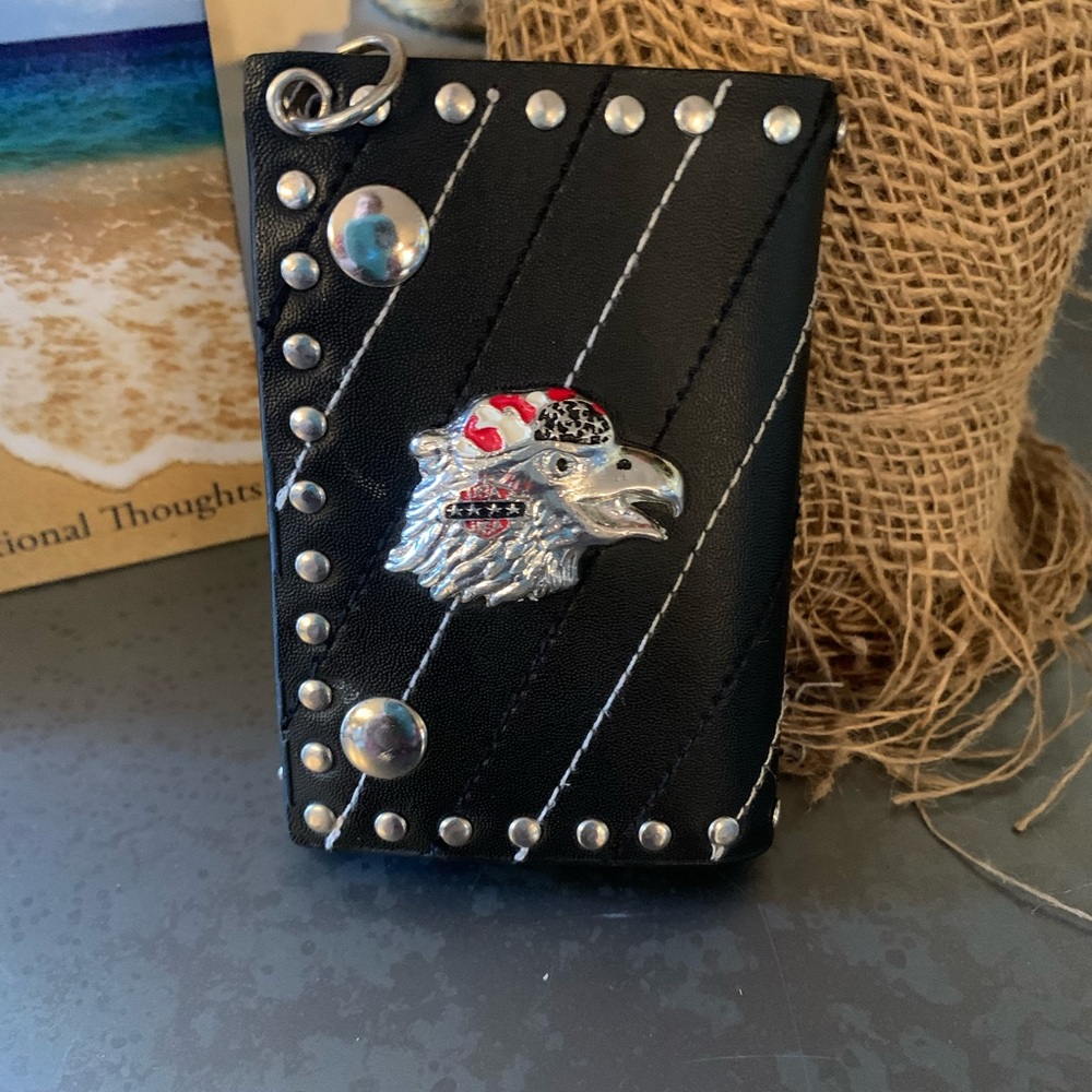 Vintage, leather BIKER wallet, STUDDED, needs chain, EAGLE on front Snap close.